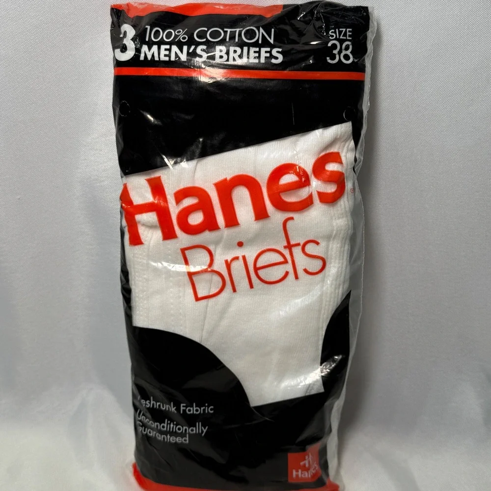 Vintage 1992 Hanes Mens Briefs 3 Pack White 100% Cotton Size 38 Deadstock NOS